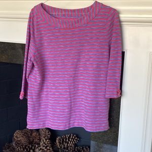 Pink & Denim Blue Stripe Top Thick Knit Round Collar 3/4 Sleeve Collarless Style
